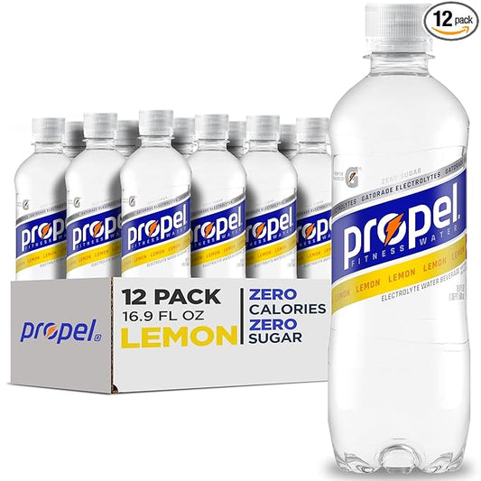 Propel Electrolyte Enhanced Water Sports Drink, Lemon Flavored Water, Zero Calorie & Zero Sugar Hydration with Electrolytes and Vitamins C & E, 16.9 fl oz Water Bottles (12 Pack)