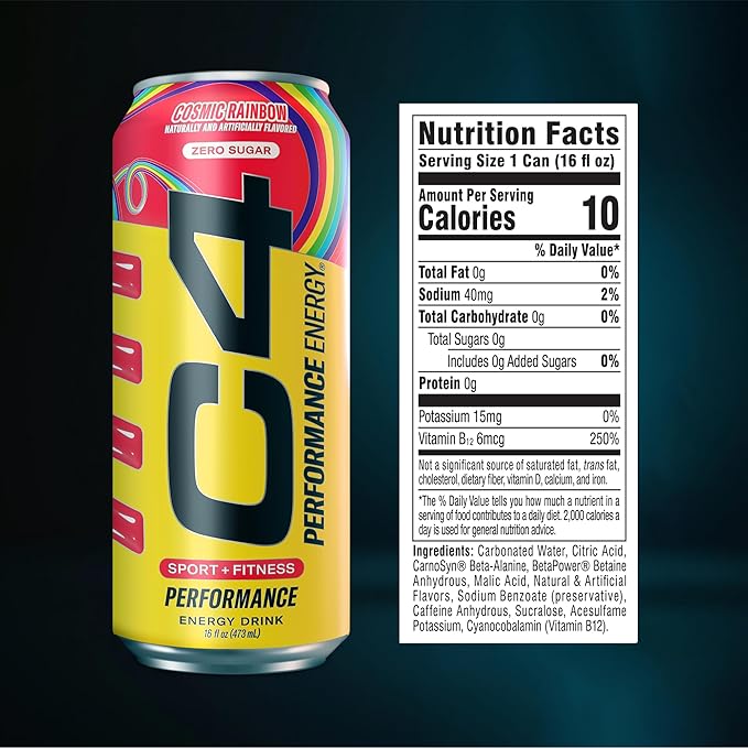Cellucor C4 Performance Energy Drink | Cosmic Rainbow | Zero Sugar Carbonated Preworkout Energy | 200mg Caffeine with Beta Alanine | 16 Fl Oz (12 Pack), Packaging May Vary