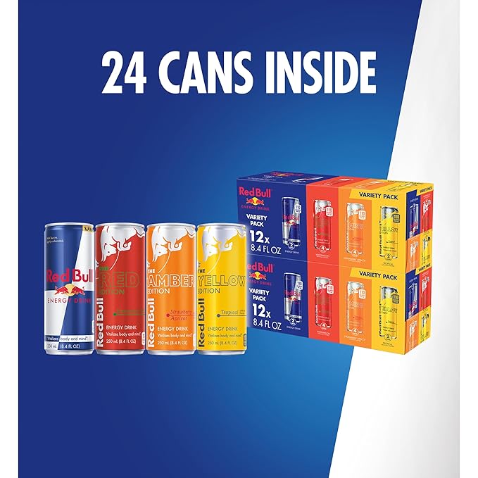 Red Bull Energy Drink Variety Pack, Red, Yellow & Amber, with 80mg Caffeine plus Taurine & B Vitamins, 8.4 Fl Oz, Pack of 24 Cans