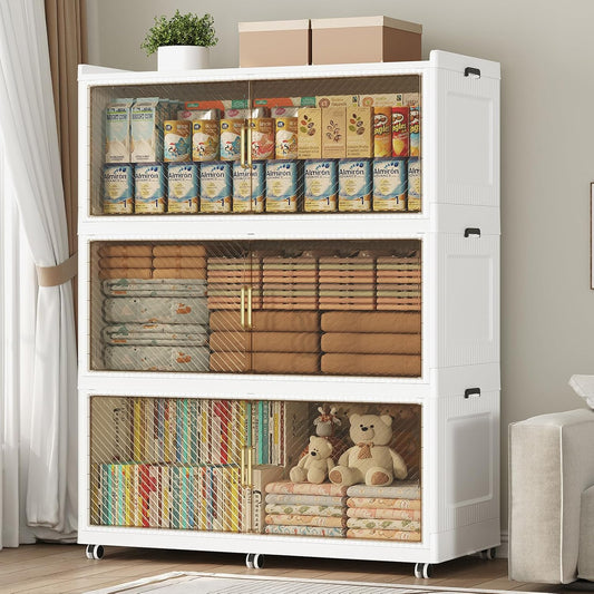 240 Gallon Extra Large Collapsible Storage Bin with Lid, 960QT Stackable Plastic Organizer with 6x Wheels, Foldable Drawer Cabinet for Closet, Living Room Office Dorm 3Pack, White