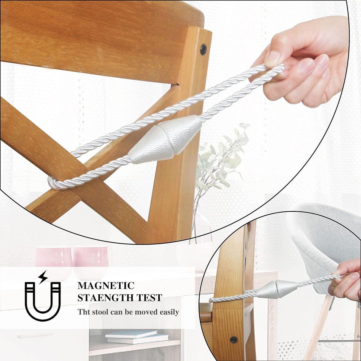 2 Pack Magnetic Curtain Tiebacks Rope Modern Handmade Curtain Tie Backs Decorative Drapes Weave Holdbacks for Window Décor, Silver