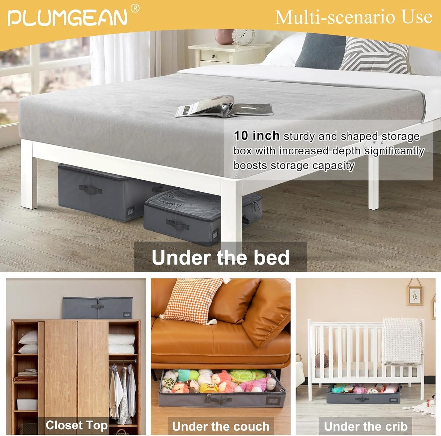 10-Inch Under Bed Storage Containers (3-Pack) | Sturdy Sidewalls | Clear Cover & Label Holder | Foldable Closet Organizer | Stores Clothing/Blankets/Wrapping Paper/Toys