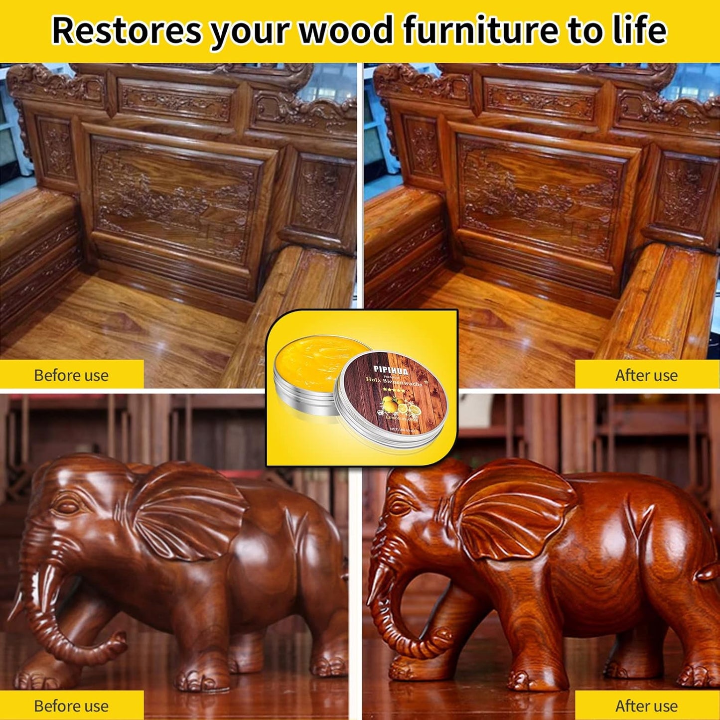 PIPIHUA Beeswax Polish and Conditioner for Wood Furniture - Waterproof & Restorer Wood Wax, Multipurpose Beeswax Furniture Polish and Cleaner for All Types and Colours, Lemon(2×100g with 3 Sponges)