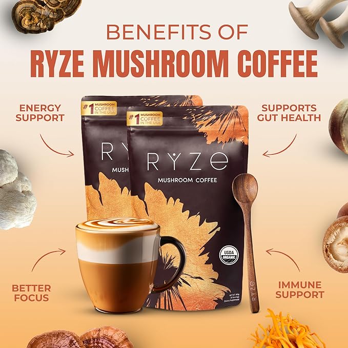 RYZE SUPERFOODS Mushroom Coffee Starter Kit, USDA Organic Instant Coffee with 6 Adaptogenic Mushrooms and MCT Oil for Better Energy, Focus, Digestion, Immunity with Lions Mane & Turkey Tail 60 serving