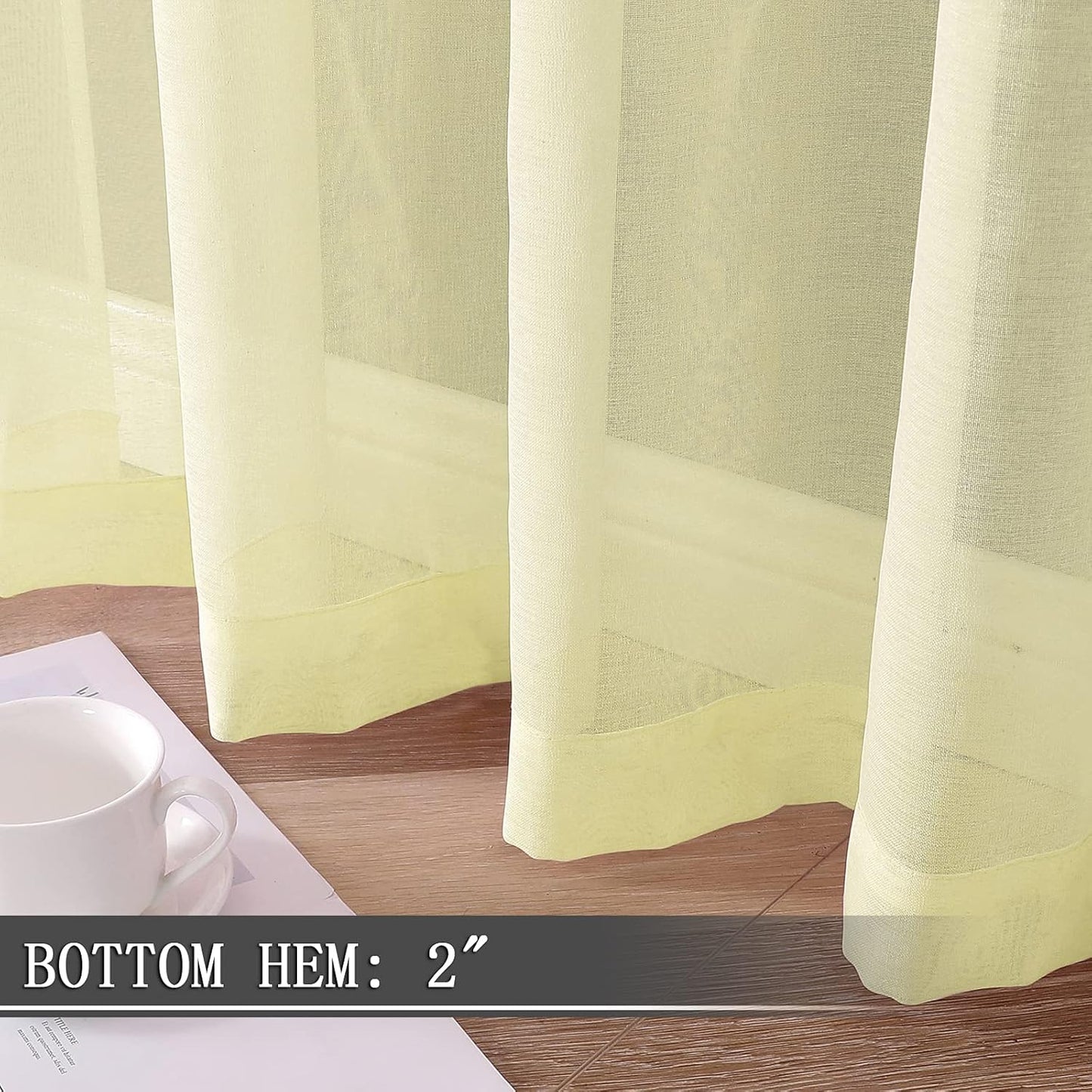 Tollpiz Sheer Curtains Linen Textured Bedroom Curtain Sheers Light Filtering Rod Pocket Voile Curtains for Living Room, 54 x 63 inches Long, Transparent Yellow, Set of 2 Panels