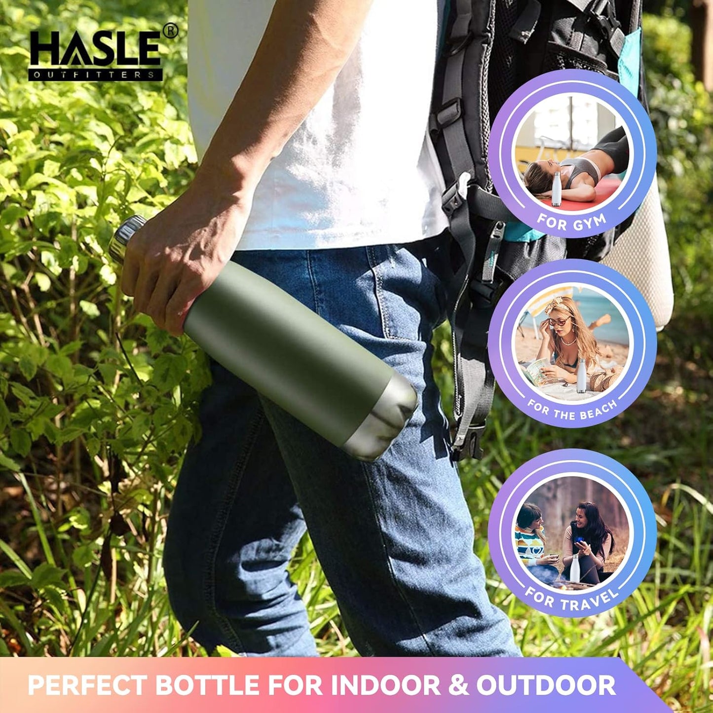 HASLE OUTFITTERS 17oz Stainless Steel Water Bottles Bulk, Vacuum Insulated Water Bottles Double Walled Powder Coated Reusable Metal Sports Water Bottles Keep Drinks Hot and Cold, ArmyGreen, 4Packs