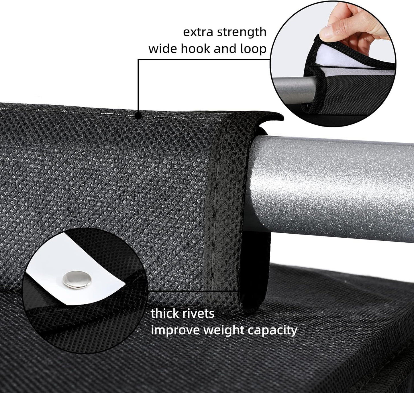 2 Packs Hanging Closet Organizer Stroage, 3-Shelf Hanging Shelves with Bamboo Inserts & Side Pocket, Black