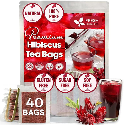FreshDrinkUS Premium 40 Hibiscus Tea Bags, 100% Natural, Pure Hibiscus, Loose Flower Herbal Tea. No Sugar, No Caffeine, No Gluten, Vegan