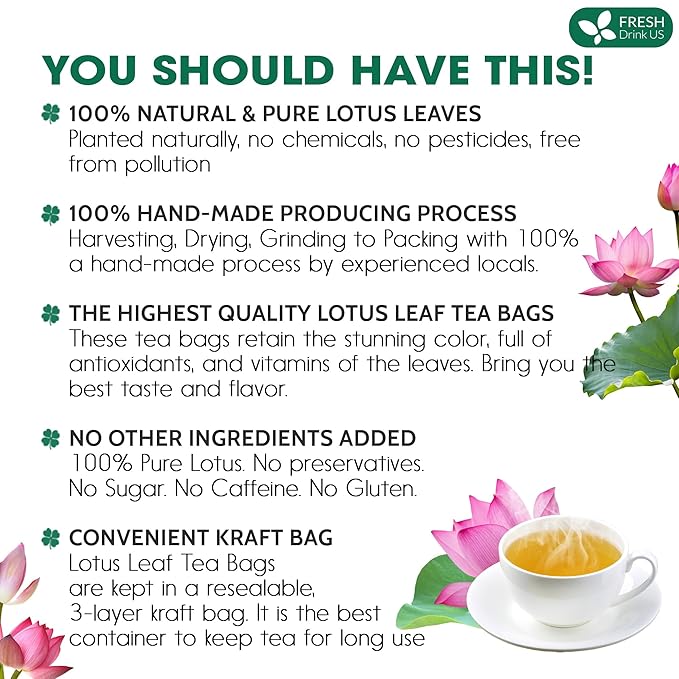 FreshDrinkUS, Premium 135 Lotus Leaf Tea Bags, 100% Natural & Pure from Lotus Leaves. Loose Leaf Lotus Herbal Tea. Made with Eco-Conscious Tea Bags. No Sugar, No Caffeine, No Gluten, Vegan.