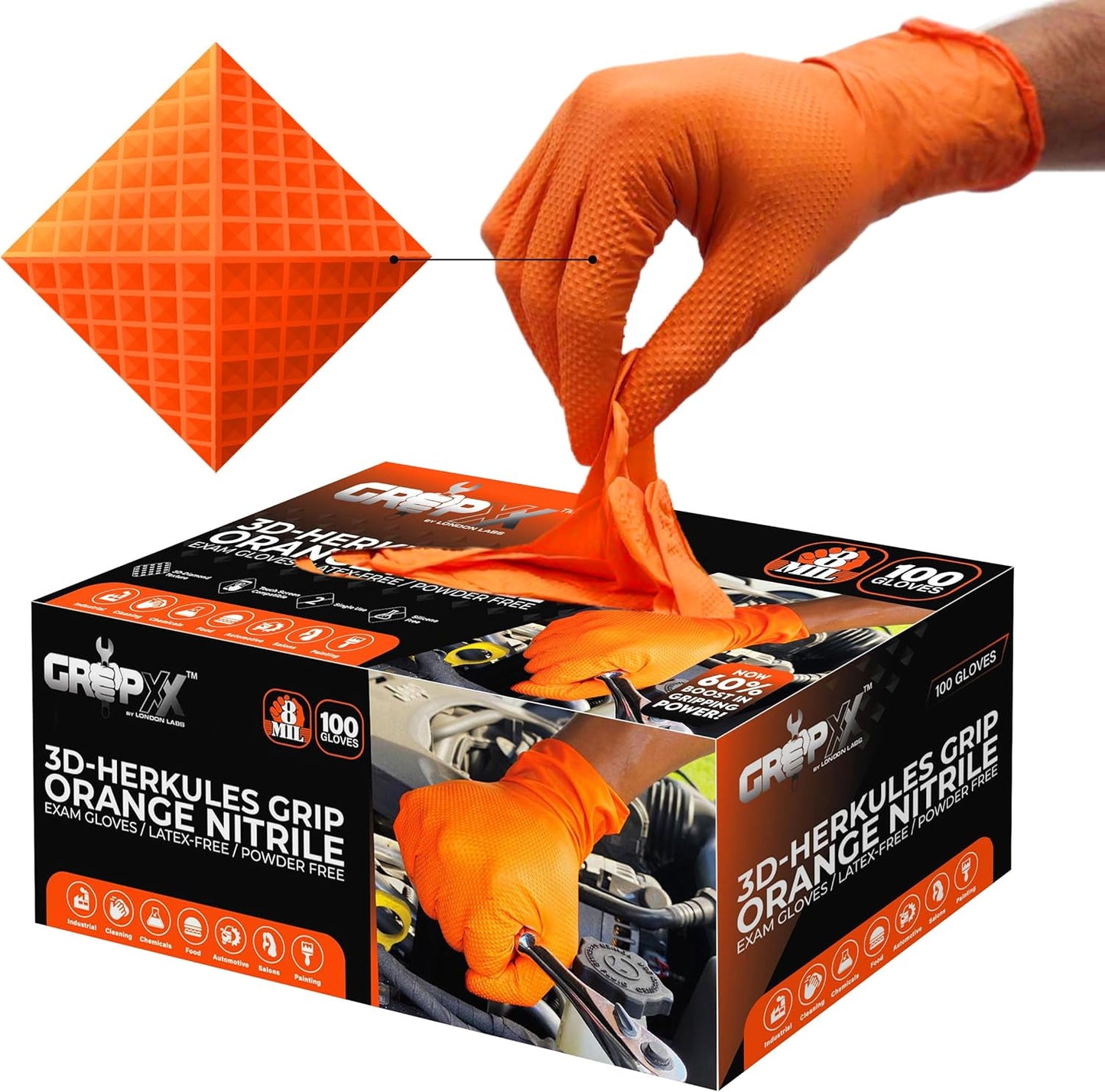 Herkules Grip Heavy Duty 8Mil Orange Nitrile Gloves,3D Raised Diamond Texture-Latex & Powder Free-Industrial, Mechanic