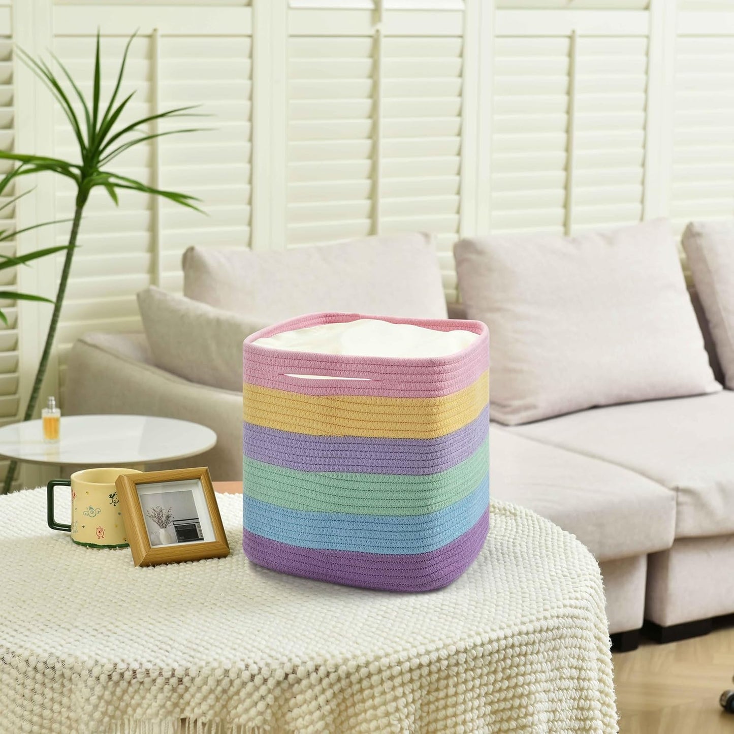 3 Pack Storage Cubes 11 Inch Cotton Rope Woven Baskets for Organizing Cube Bin Square Shelves Organizer,Classroom,Kids Toy Bins,Closet,Baby Nursery(Light Rainbow)