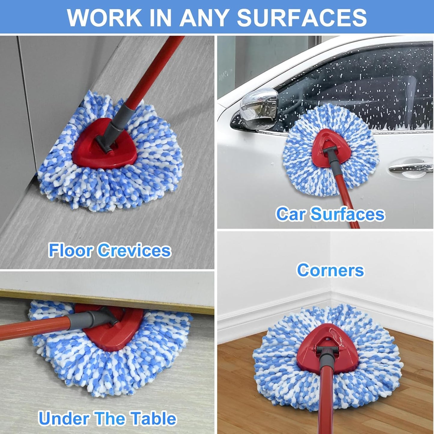 Spin Mop Replace Head, Mop Handle and Base Compatible with Ocedar RinseClean 2-Tank System, 3 Mop Replacement Head, 4-Section Sturdy Iron 30-58in Mop Handle and 1 Triangle Mop Head Cover Combo Set