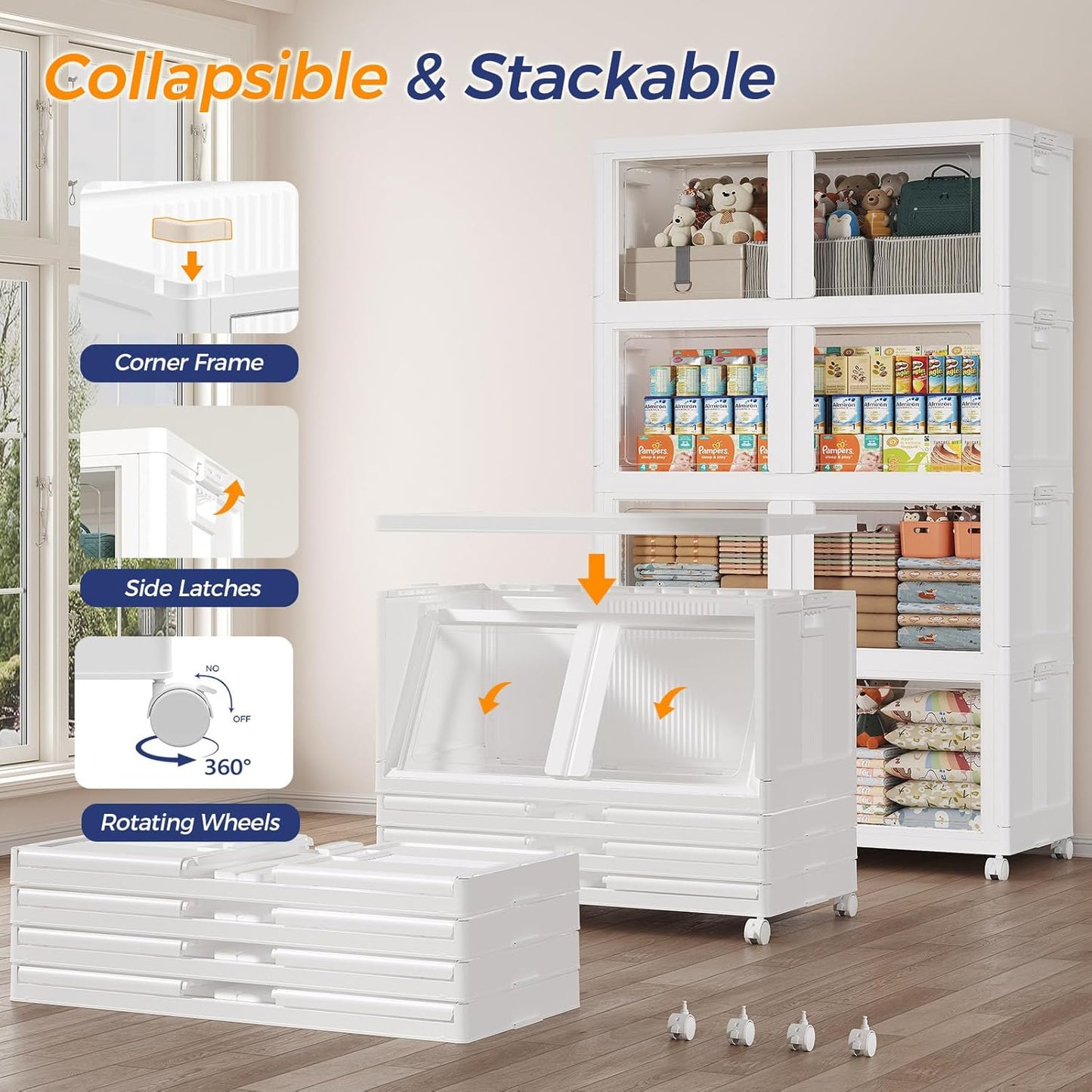 200GAL Large Stackable Storage Bins with Lid and Wheels, 800Qt Collapsible Organizer Cabinet with Clear Door, for Closet, Bedroom, Kitchen, Garage, 4-Pack White