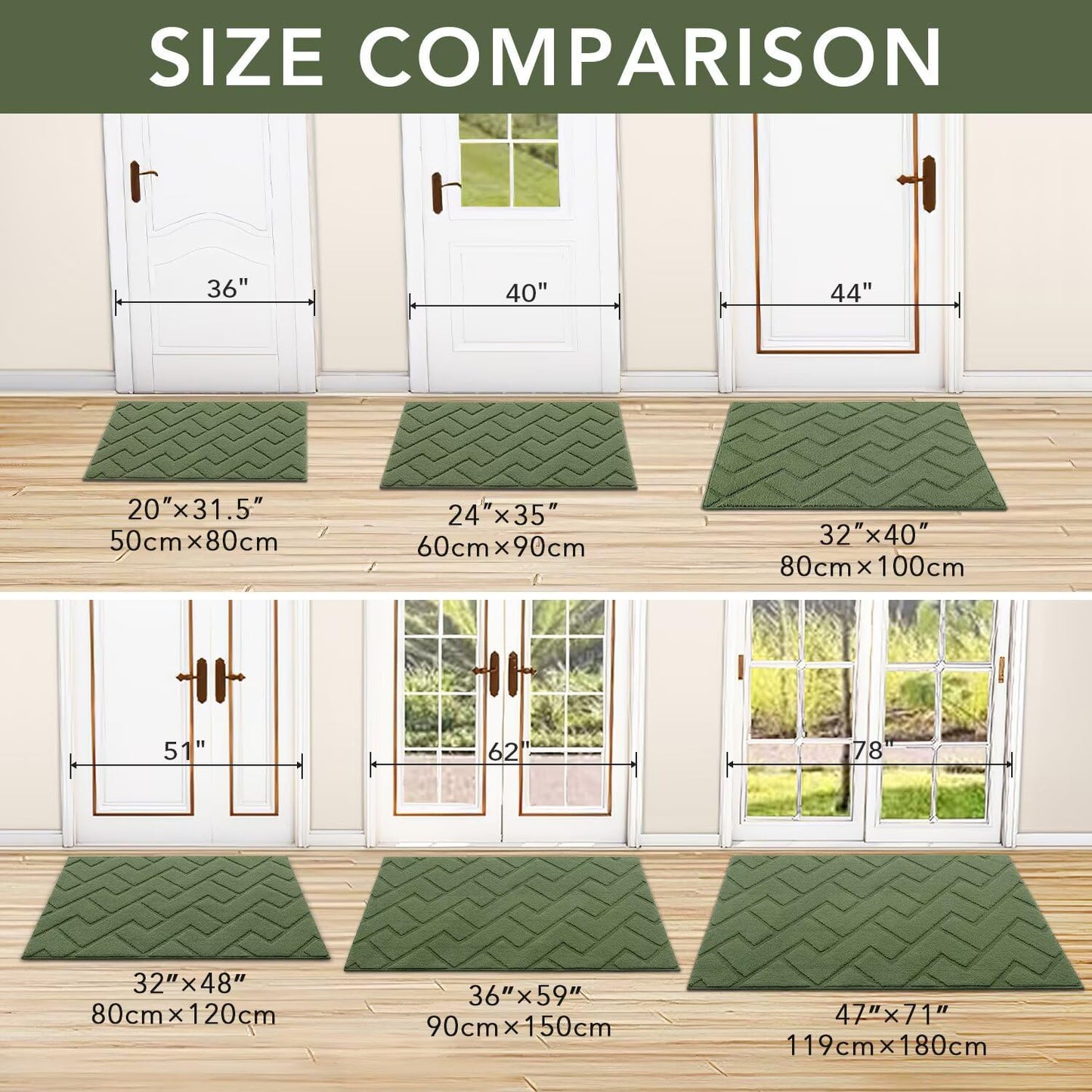 hicorfe Indoor Doormat,Front Back Door Mat Rubber Backing Non Slip Door Mats 24"x35" Absorbent Resist Dirt Entrance Doormat Inside Floor Mats for Entryway Washable Low-Profile(Green)