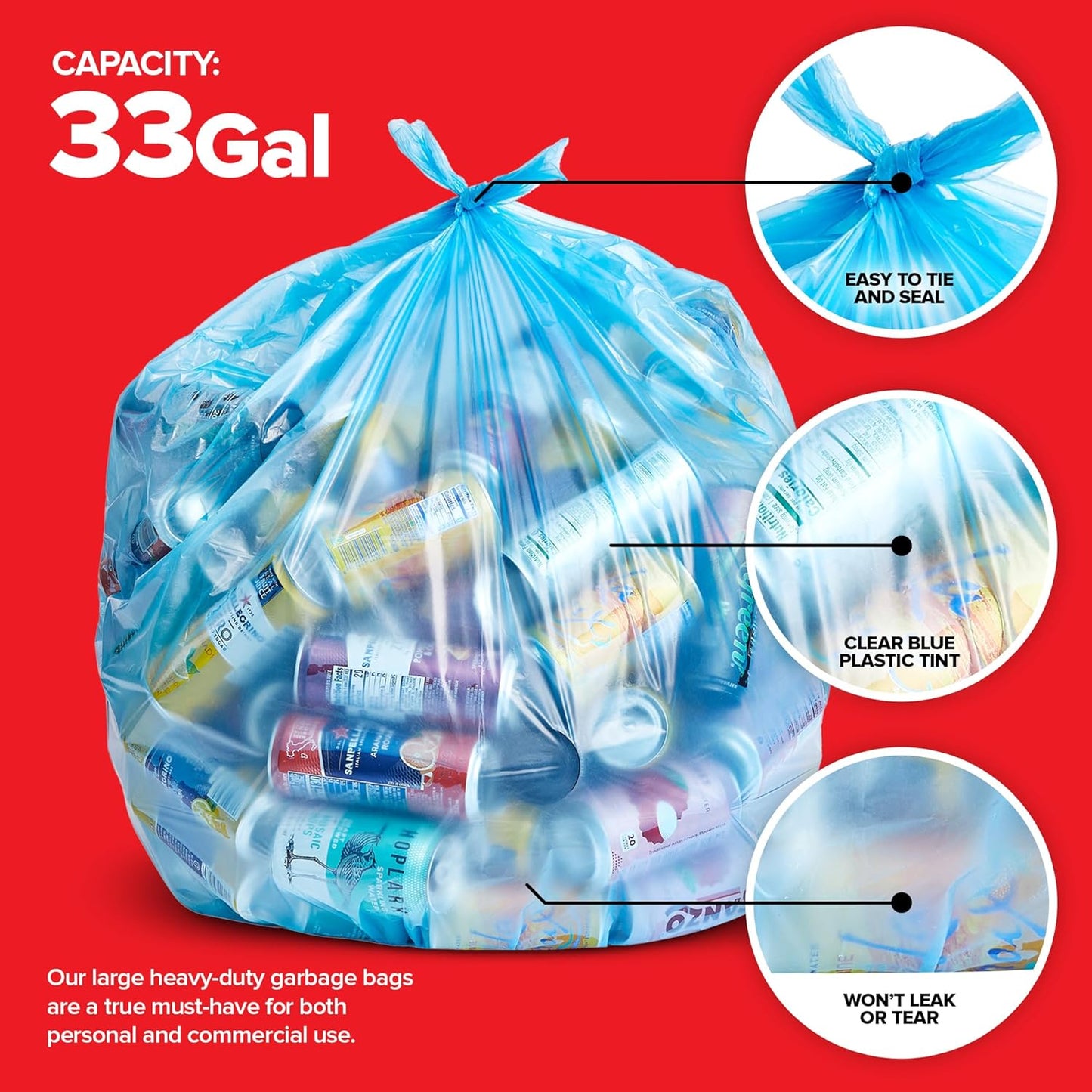 Heavy-Duty Blue Recycling Bags, 120-Pack Blue Garbage Bags For Recycling | 33-Gallon Capacity| Commercial, Industrial or Home Use