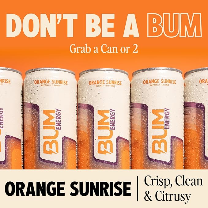 BUM Sugar-Free Energy Drink, Orange Sunrise - Lightly Carbonated & No Artificial Colors, Natural Caffeine & Citicoline for Energy & Focus, Brain Boost & Workout Sports Beverage - 12 oz, Pack of 12