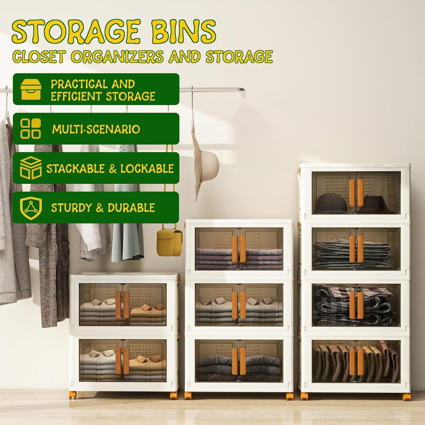 2 Tier Stackable Plastic Storage Bins with 1 Lid 45 QT/Tier, Collapsible Plastic Box Storage Bin with Wheels, Home Containers Boxes Closet Organizers for Living Room, Office, Dorm