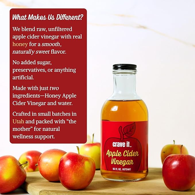 Crave It. Apple Cider Vinegar with Mother - Gut Health & Digestion - Made with Utah Honey - 16oz - 4pk