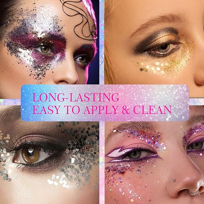 Body Face Glitter Makeup for Kids Women, Sparkly Chunky Hair Glitter, Mermaid Birthday Decorations Rave Outfits for Women (Pink Body Glitter)