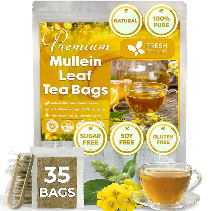 FreshDrinkUS, Premium 35 Mullein Leaf Tea Bags For Lung, 100% Natural & Pure from Mullein Leaves. Loose Leaf Mullein Herbal Tea. Made with Natural Material Tea Bags. No Sugar, No Caffeine, No Gluten, Vegan.