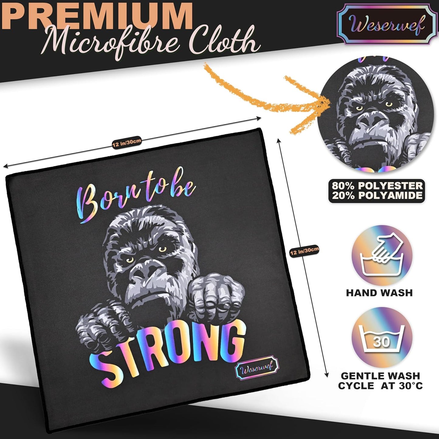 WESERWEF Design Microfiber Glasses Cleaning Cloth – Premium Cleaning Cloth for Eyeglasses, Screens, Tablets, Cameras & Lenses, 12" x 12", Ultra-Soft & Scratch-Free (Gorilla)