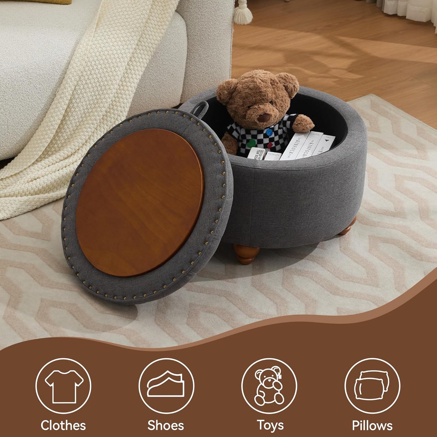 24Inch Round Storage Ottoman with Tray, Modern Tufted Fabric Circle Coffee Table with Storage, Upholstered Ottoman with Removable Top for Living Room, Bedroom, Dark Grey