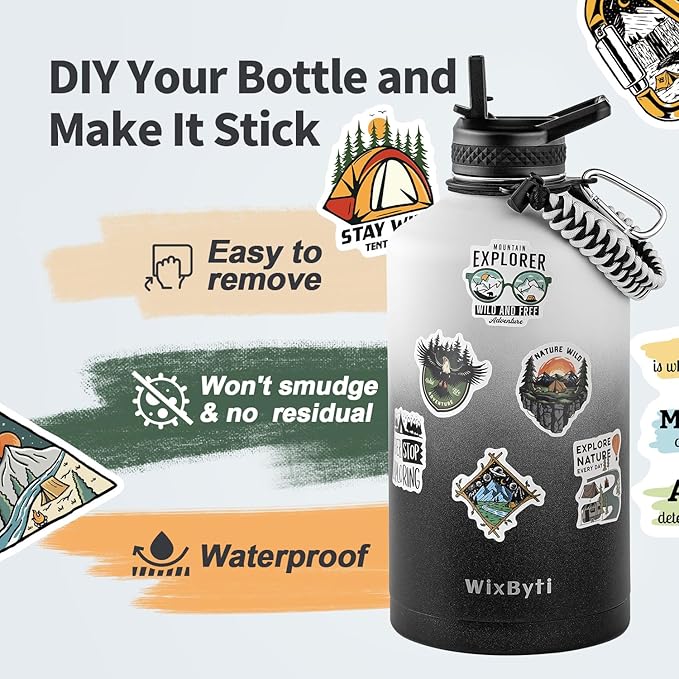 One Gallon Water Bottle Insulated, Triple Wall Vacuum Cold for 48 Hrs & Leak-proof & Non-BPA, 128oz Large Sports Stainless Steel Water Jug with Paracord Handle Straw Spout Lids & DIY Stickers