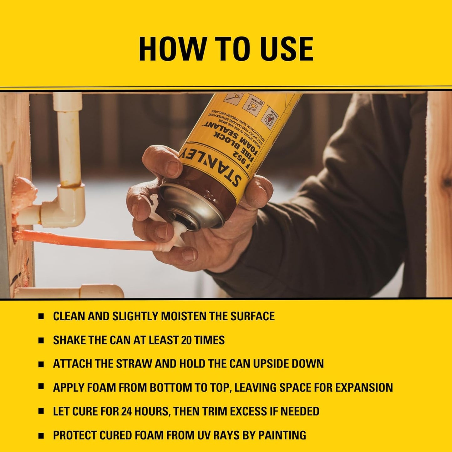 Stanley F952 Fire Block Spray Foam – (1x12oz) Fire Rated Expanding Polyurethane Foam Sealant for Gap Filling & Sealing on Doors, Windows, Walls, Pipes & Joints – Indoor/Outdoor Straw Use | 1 Pack