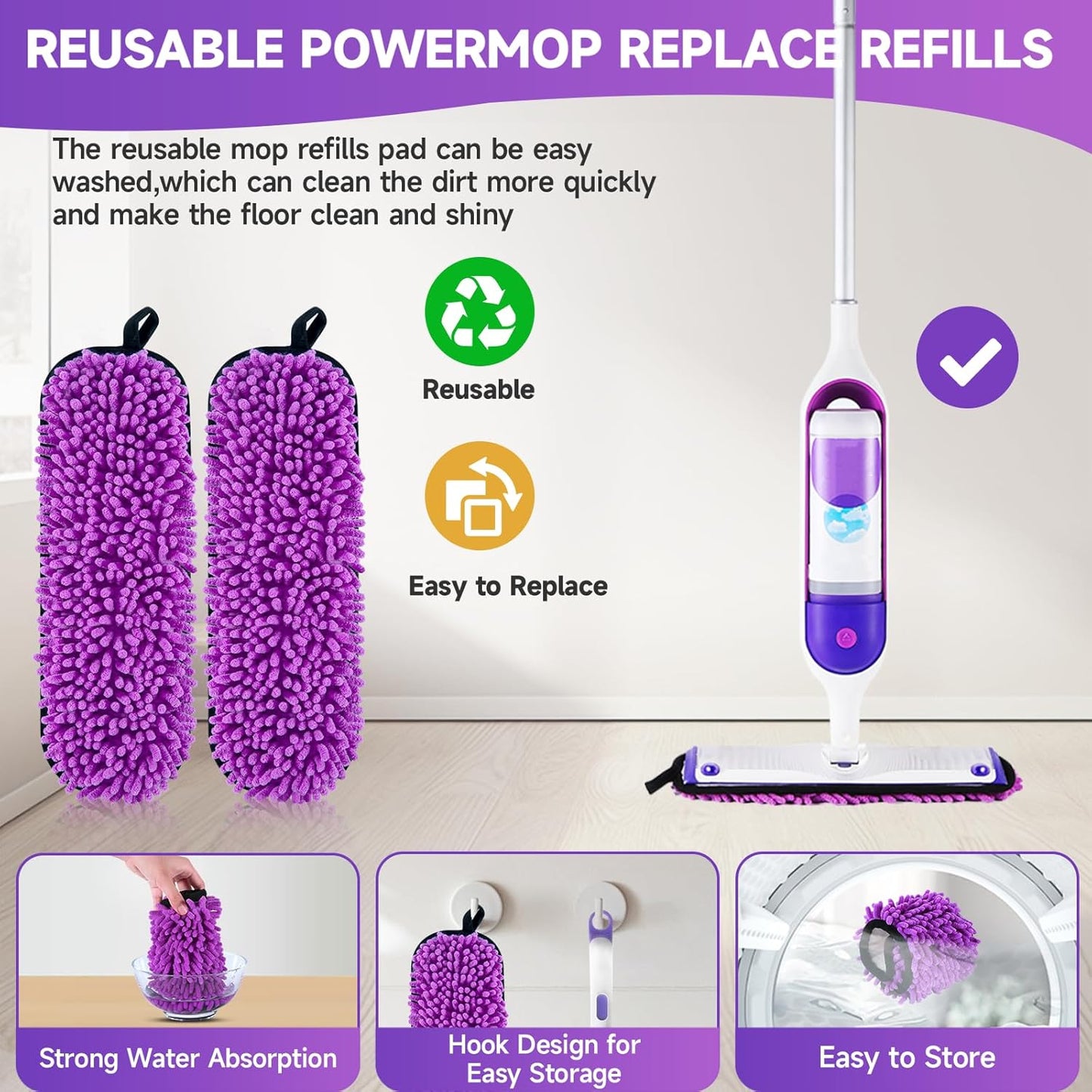 6 Pack Reusable Replacements Pads Compatible with Swiffer PowerMop,Microfiber Power Mop Pads for Swiffer 15'' Spray Mop, Washable PowerMop Pads Used for Multi Hardwood Floors