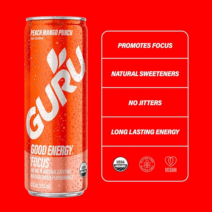 GURU Peach Mango Punch Organic Energy Drinks, Clean Energy Drink with Plant Based Natural Caffeine from Green Tea + Focus with L Theanine, Gluten Free and Vegan, 140MG Caffeine, 12oz (Pack of 12)