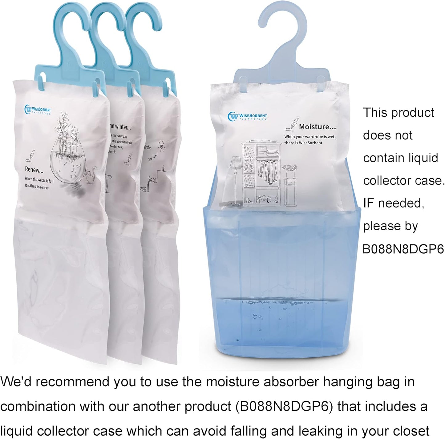 12 Pack (7 oz. ea.) Moisture Absorber Refill Hanging Bags, Moisture Absorber Packets with Reusable 6pcs Hooks, Humidity Packs, Hanging Closet Dehumidifier Bags