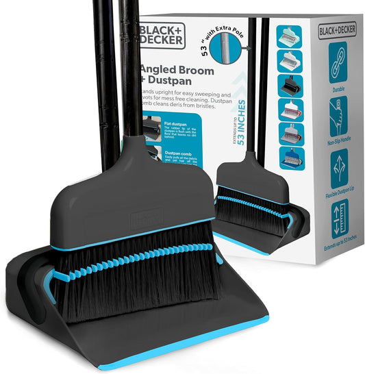 BLACK+DECKER Butler Broom & Dustpan Set - Short Handle, Stand-Up Design - Lightweight, Space-Saving Combo for Kitchen, Living Room, Bathroom, Lobby Floors - Home Cleaning Essential, Black/Blue
