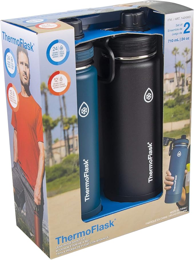 ThermoFlask Bottle with Spout Lid - Stainless Steel Water Bottles with Double-Wall Insulation & BPA-Free Spout Lids - Leak-Proof Reusable Bottles & Lids - 24 oz, Mayan Blue/Black (2 Pack)