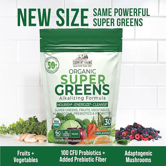Country Farms Super Greens Natural Flavor, 50 Organic Super Foods, USDA Organic Drink Mix (Wheat Grass, Spirulina, Chlorella) Mushrooms & Probiotics, Fiber, Gut Health, Natural Energy, 30 Servings