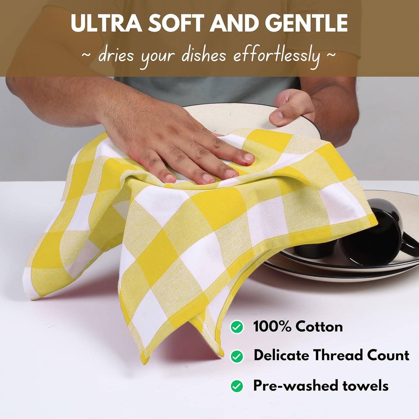 Native Fab Yellow Buffalo Dish Towel 16"x26", Set of 6 - Cotton Plaid Towels, Soft Absorbent Dishcloths with Hanging Loop, Kitchen Towels for Quick Drying - Yellow White