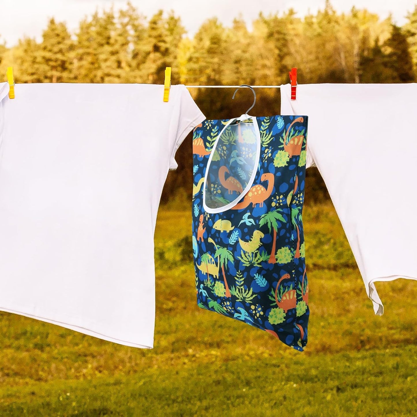 2 Pcs Dinosaurs Clothespin Holder - 15 X 11 Inch Clothes Pin Hanging Bag for Clothesline, Outdoor, Laundry Room and Wardrobe