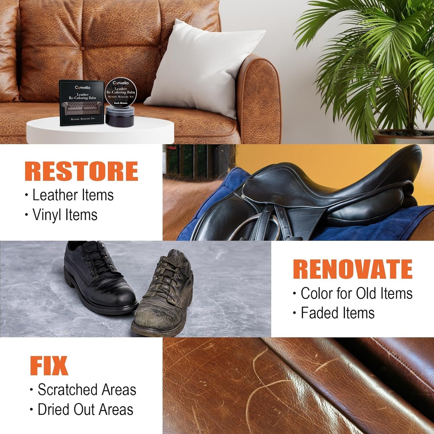 Dark Brown Leather Repair Kit, Dark Brown Leather Recoloring Balm, Leather Dye - Restore & Renew Scratch, Faded and Aged Leather & Vinyl Couches, Boots, Car Seats or Leather Furniture
