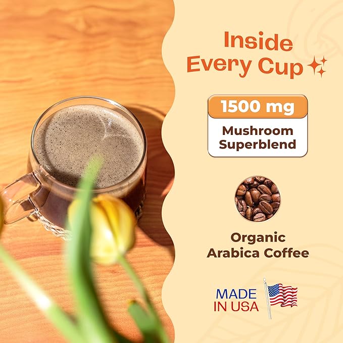 Organic Low-Caffeine Mushroom Coffee (60 Servings) with 7 Superfood Mushrooms, Great Tasting Instant Coffee, Includes Lion's Mane, Reishi, Chaga, Cordyceps, Shiitake, Maitake, and Turkey Tail