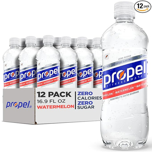 Propel Electrolyte Enhanced Water Sports Drink, Watermelon Flavored Water, Zero Calorie & Zero Sugar Hydration with Electrolytes and Vitamins C & E, 16.9 fl oz Water Bottles (12 Pack)