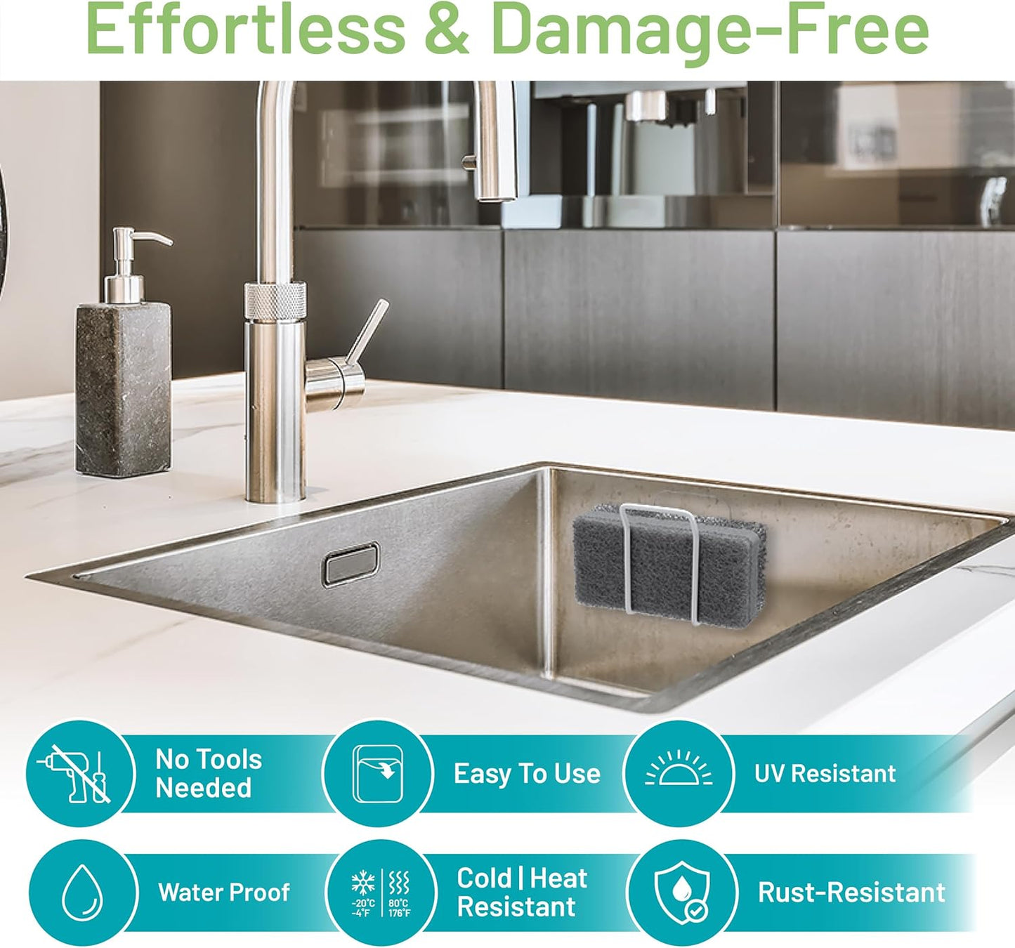 Hook LAB Reusable Sponge Holder for Kitchen Sink & Bathroom Organizer, Mountable Rack for Sponges, Scrubbers, Soaps and Brushes - White