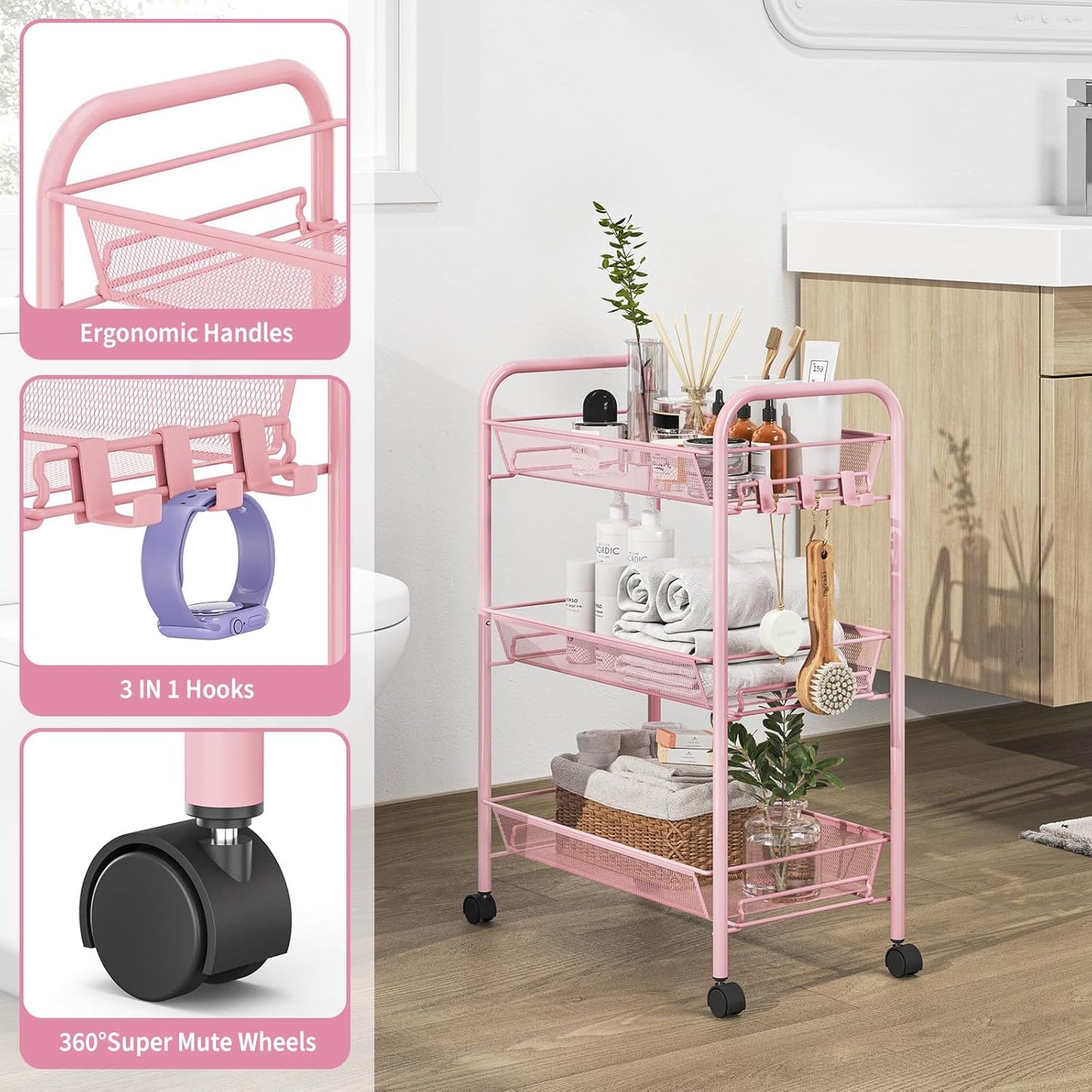 TOOLF 3 Tier Rolling Utility Cart - Durable Metal Design Pink Utility Cart, Storage Trolley on Wheels with 3 Hooks, Perfect for Kitchen, Bathroom & Laundry Room Organization