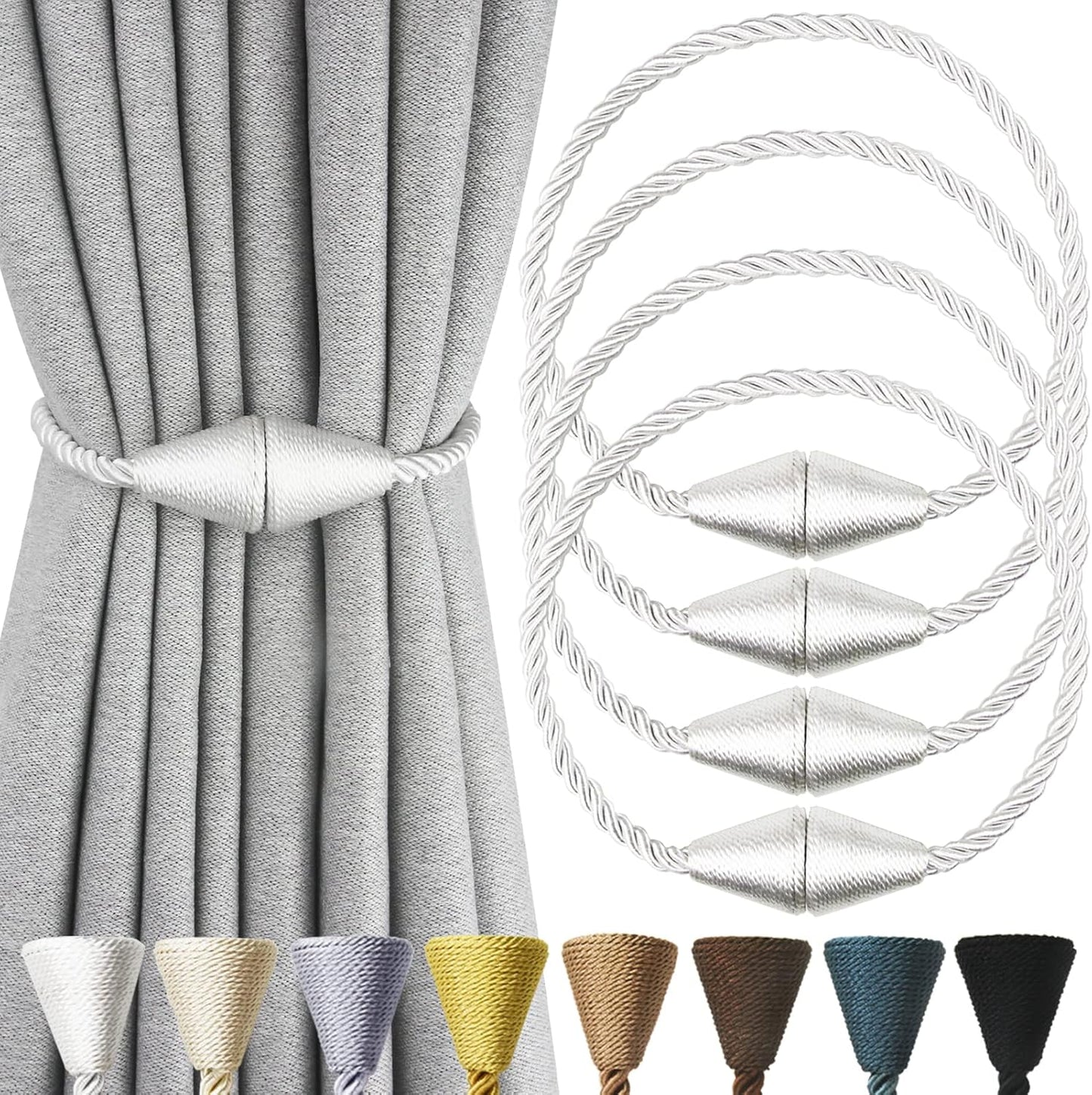 4 Pack Magnetic Curtain Tiebacks Rope Modern Handmade Curtain Tie Backs Decorative Drapes Weave Holdbacks for Window Décor, Silver