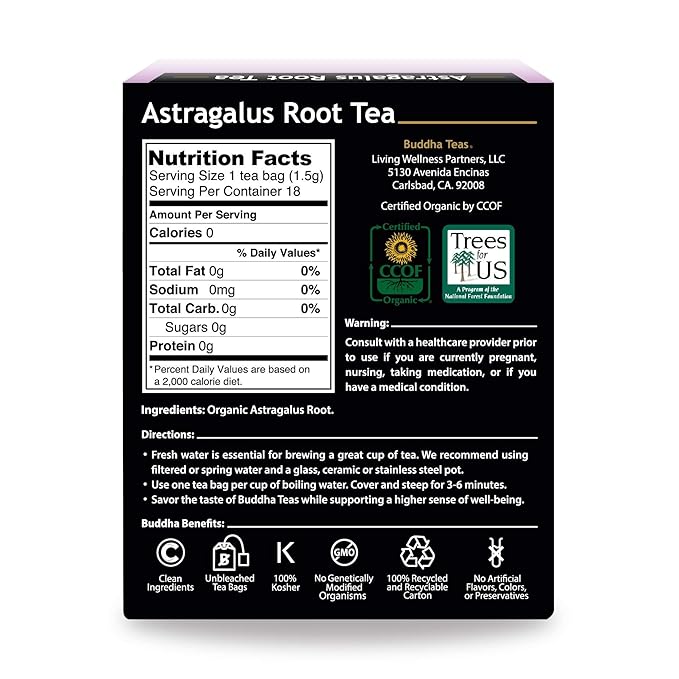 Buddha Teas Organic Astragalus Root Tea | 18 Bleach-Free Tea Bags | Made in the USA | Caffeine-Free | No GMOs