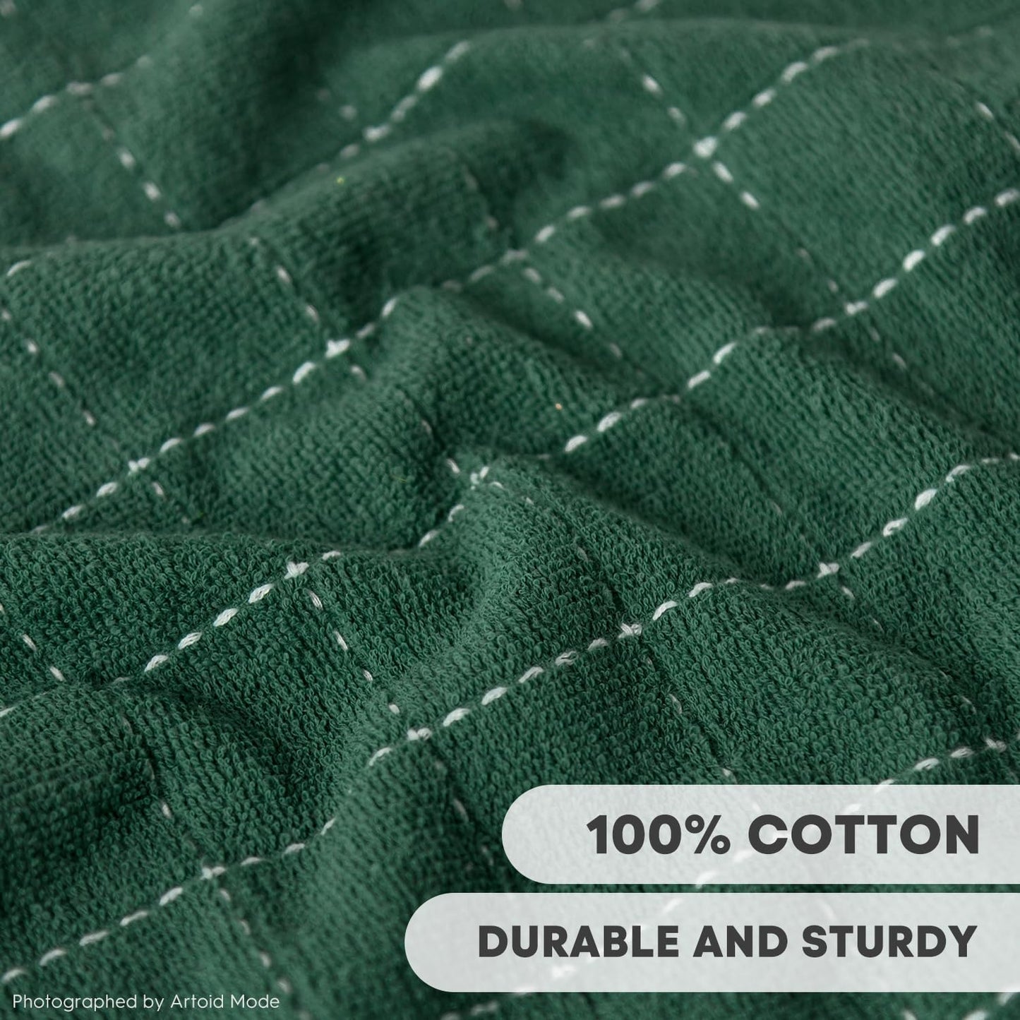 Artoid Mode Checkered Designed Cotton Green Terry Kitchen Dish Towels, 15x25 Inch Soft Absorbent Quick Drying Family Cleaning Tea Towels Set of 4