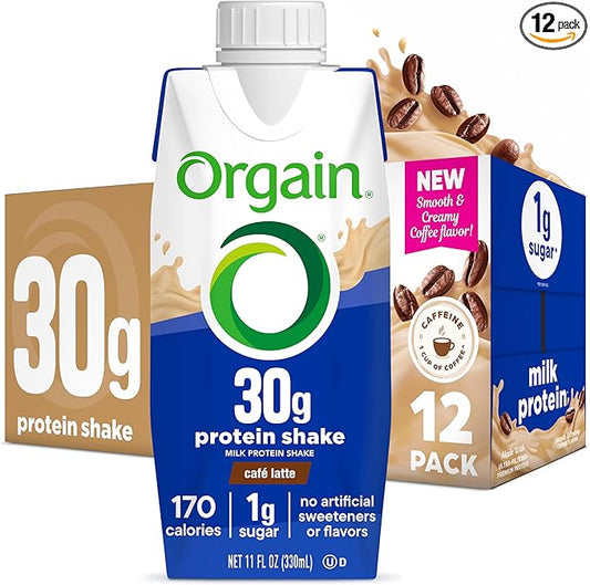 Orgain 30g High Protein Shake, Café Latte, 5g BCAAs, 1g Sugar Per Serving, Caffeine from 1 Cup of Coffee, Milk Isolate, Meal Replacement, Ready to Drink, Keto Friendly, Gluten-Free 11 Fl Oz (12 Pack)