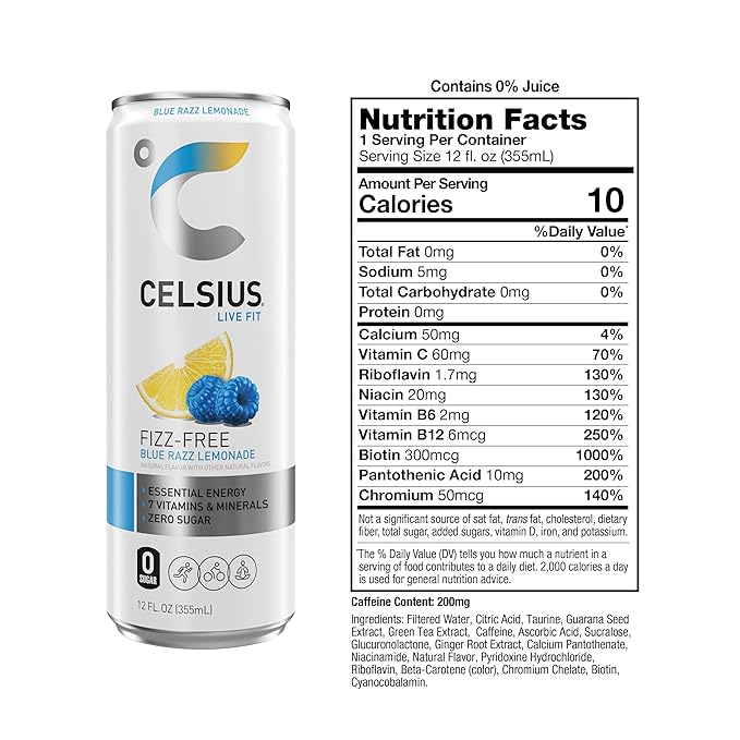 CELSIUS Fizz Free Blue Razz Lemonade, Sugar Free Energy Drink, 12 Fl Oz (Pack of 12)