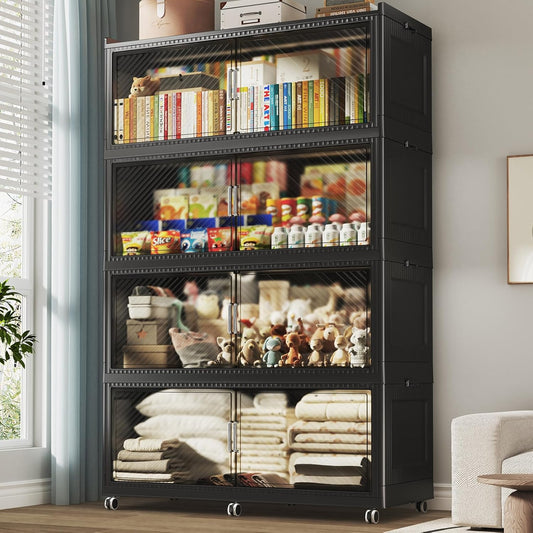 200 Gallon Extra Large Collapsible Storage Bin with Lid, 800QT Stackable Plastic Organizer with 6x Wheels, Foldable Drawer Cabinet for Closet, Living Room Office Dorm 4Pack, Black