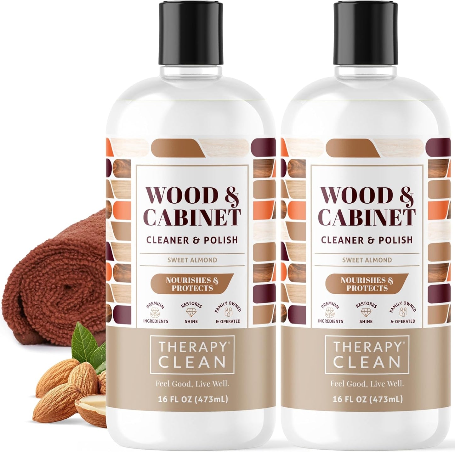 Therapy Wood Cleaner & Polish 16 oz. (2-Pack with Microfiber Cloth) - Wood Cabinet and Table Cleaner - Conditioner - Almond Scent