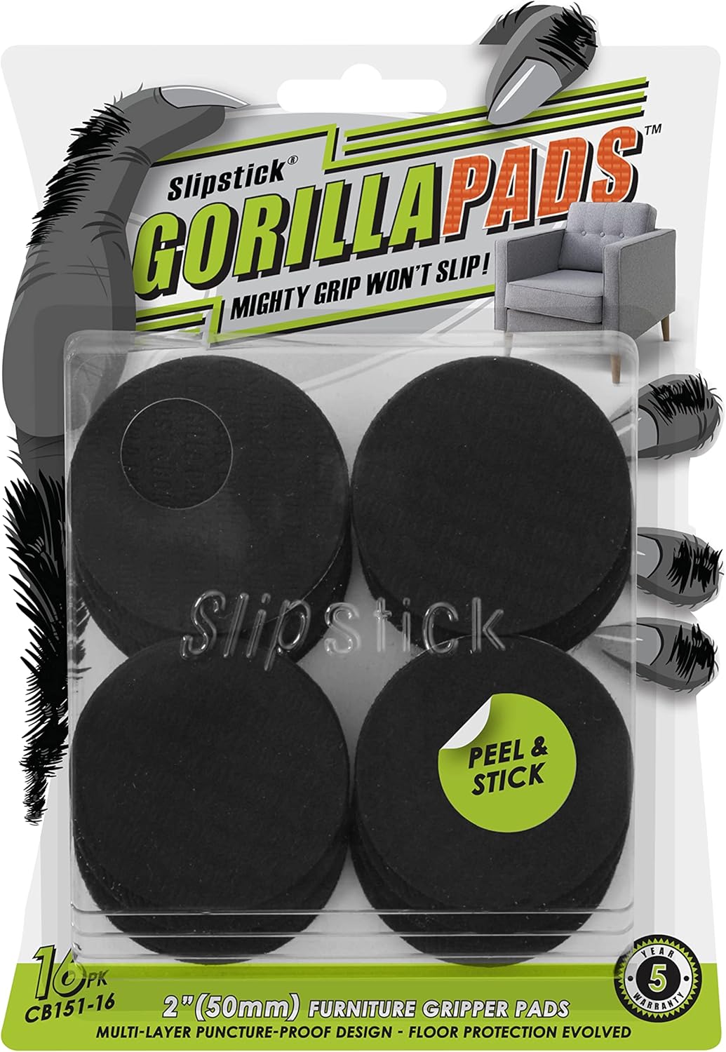 Slipstick GorillaPads Non Slip Furniture Pads/Gripper Feet Floor Protectors (Set of 16) Premium 2 Inch Round Self Adhesive Rubber Stoppers for Furniture Legs