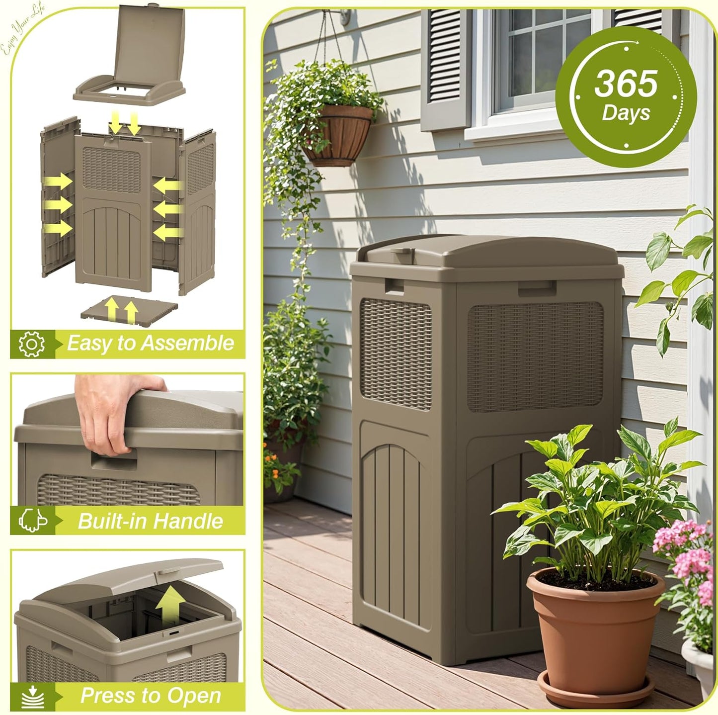 Greesum 33 Gallon Resin Outdoor Trash Can with Lid, Waterproof Resin Garbage Bin for Hideaway, Patio, Deck, 3 Pack, Light Brown